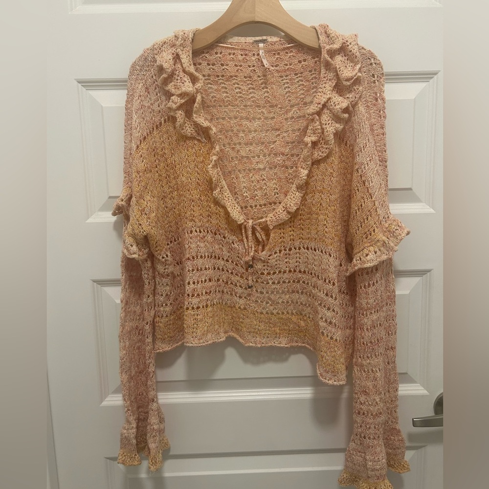 Free People Blush Peach Ruffle V-Neck Openwork Sweater Love Galore M
